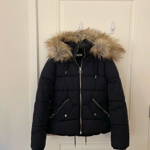 Topshop Frieda Faux Fur Trim Jacket Navy puffer jacket